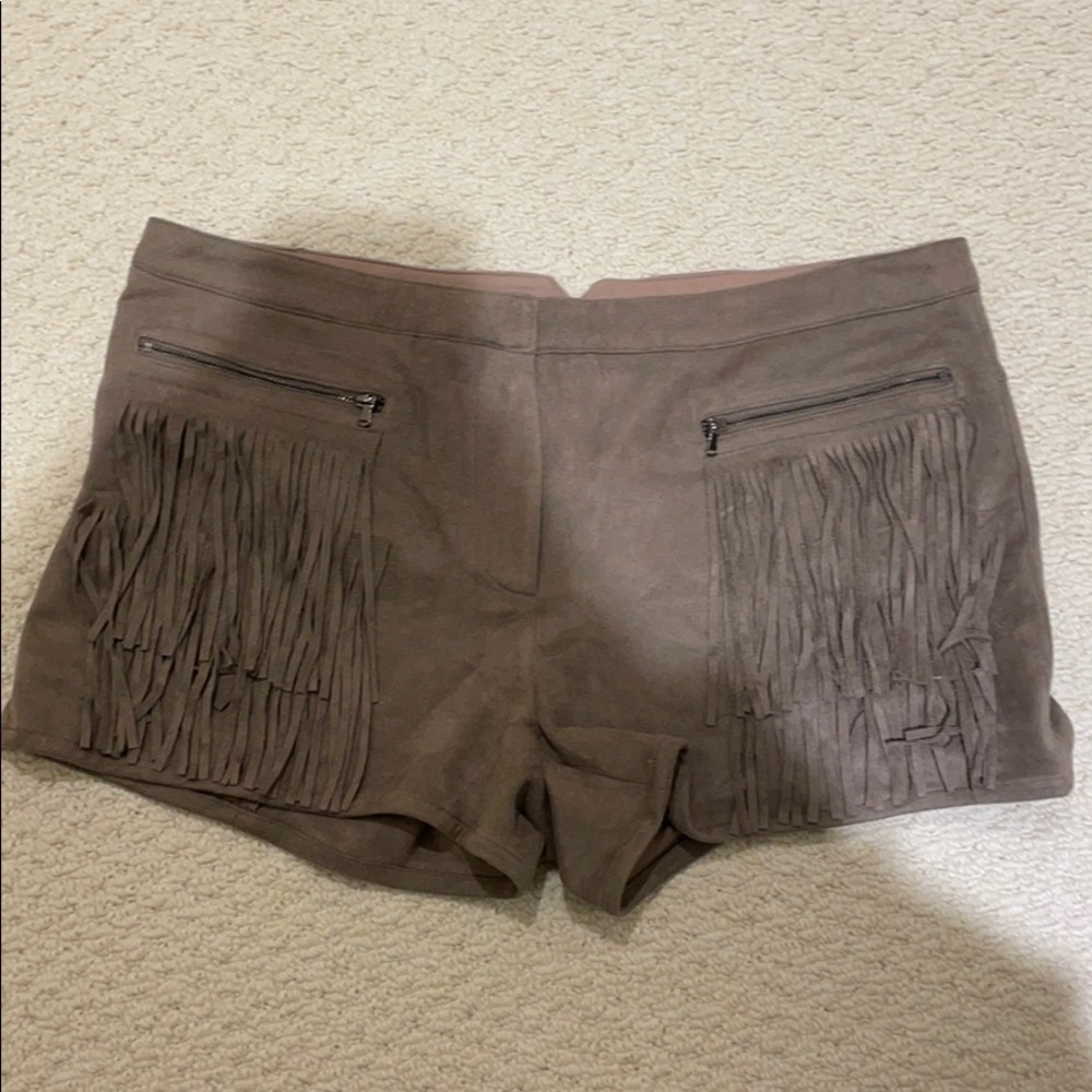 Taupe suede fringe dress shorts